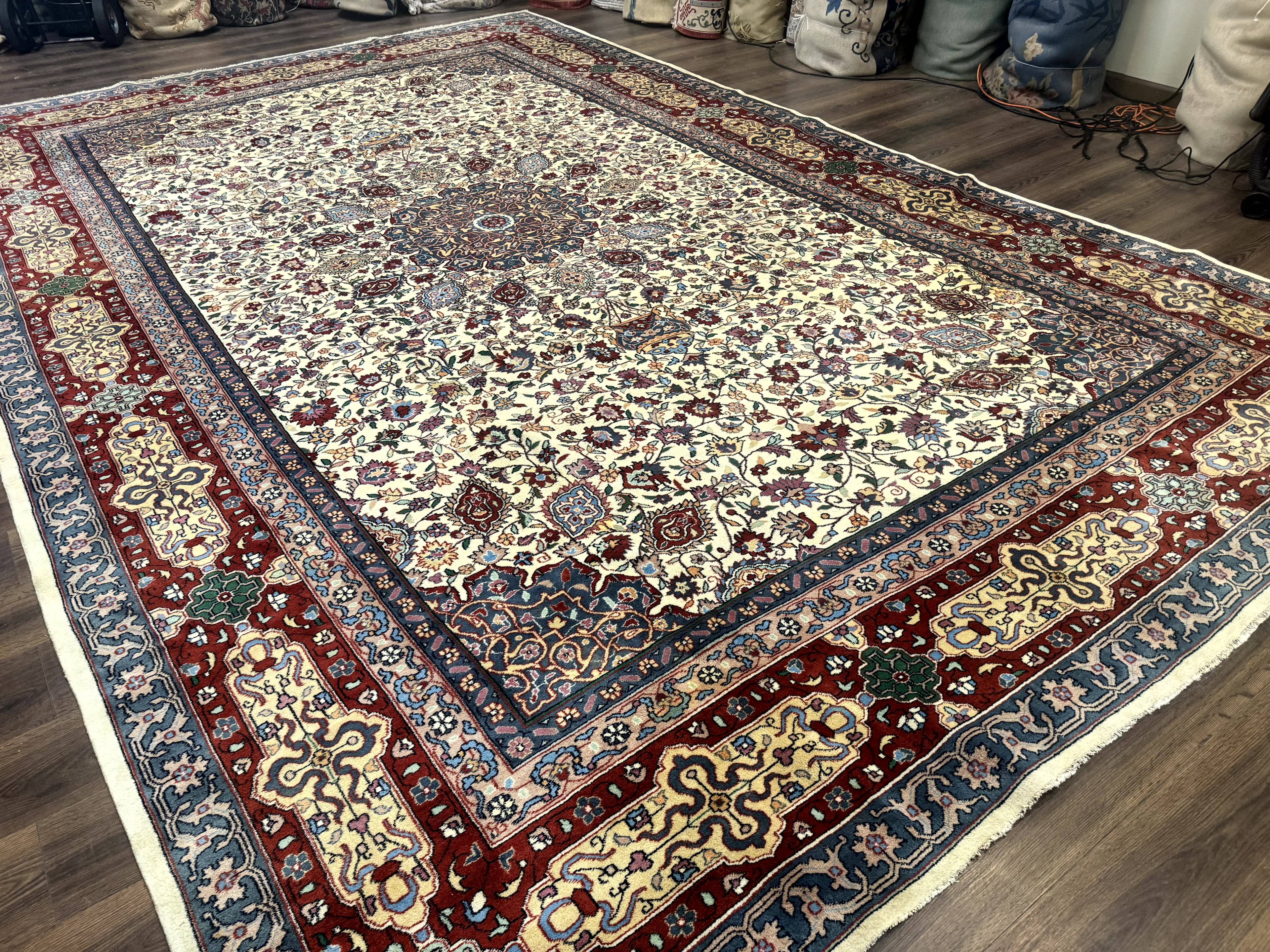 Persian Mashad Rug 10x16, Palace Size Handmade Wool Carpet, Cream Red, Floral Medallion, Vintage