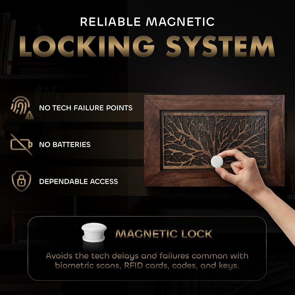 Gun Concealment Furniture - Hidden Gun Safe with Birds in a Tree Design - Fits 2 Handguns & Magazines - Wall Mounted Gun Storage with Magnetic Lock - Made in USA