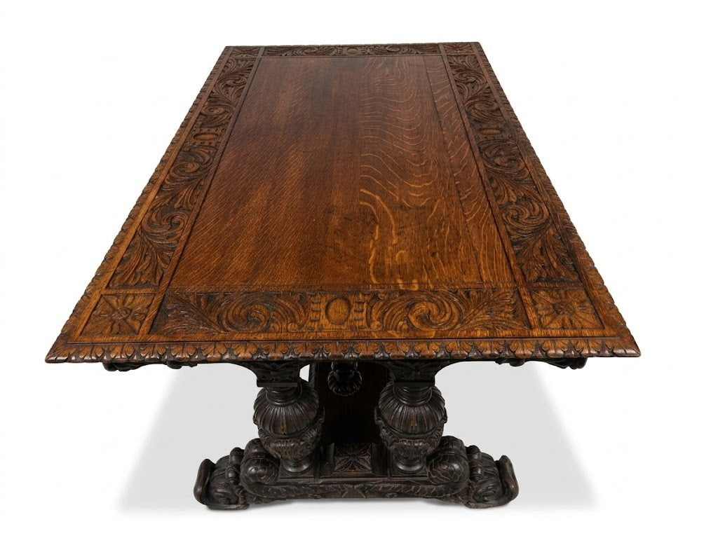 Antique George C Flint Co Library Table Renaissance Revival Carved Oak Man Heads