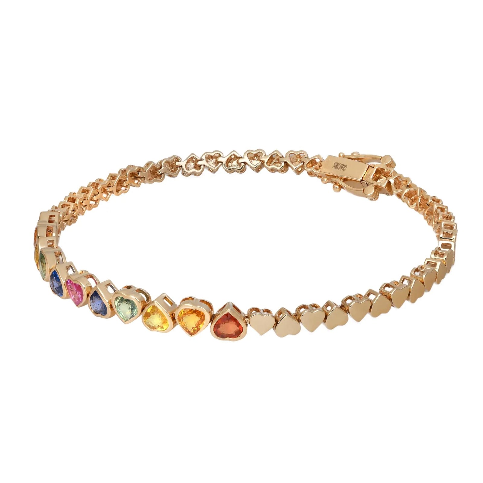 Natural Sapphire Rainbow Heart Shape Tennis Bracelet 14K Yellow Gold 3.50Cttw