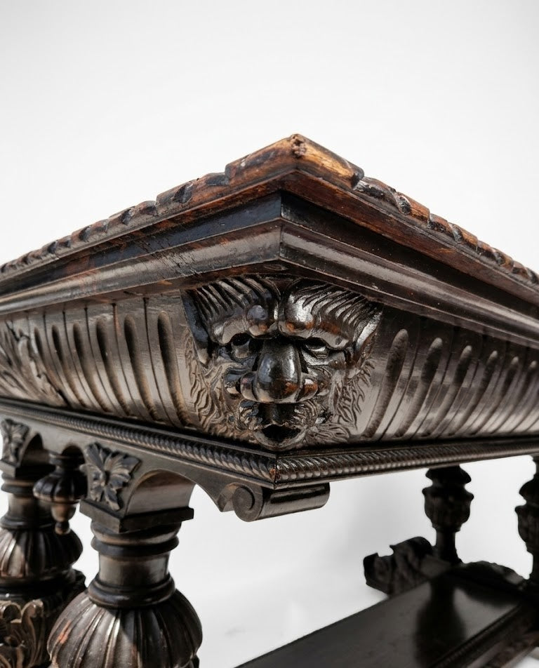 Antique George C Flint Co Library Table Renaissance Revival Carved Oak Man Heads
