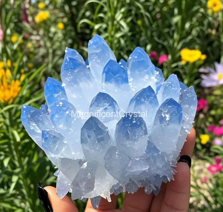 3PCS Blue Green Phantom Amethyst Crystal Cluster Natural Quartz Deco