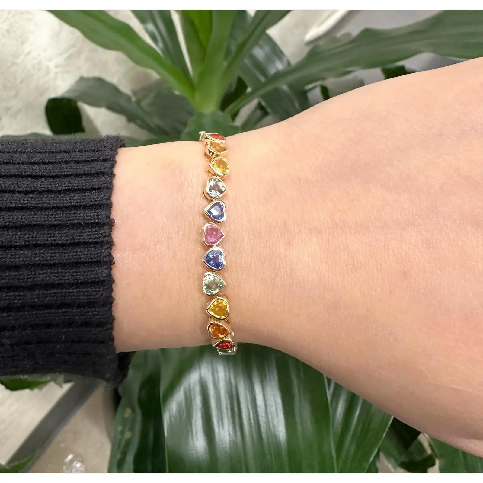 Natural Sapphire Rainbow Heart Shape Tennis Bracelet 14K Yellow Gold 3.50Cttw