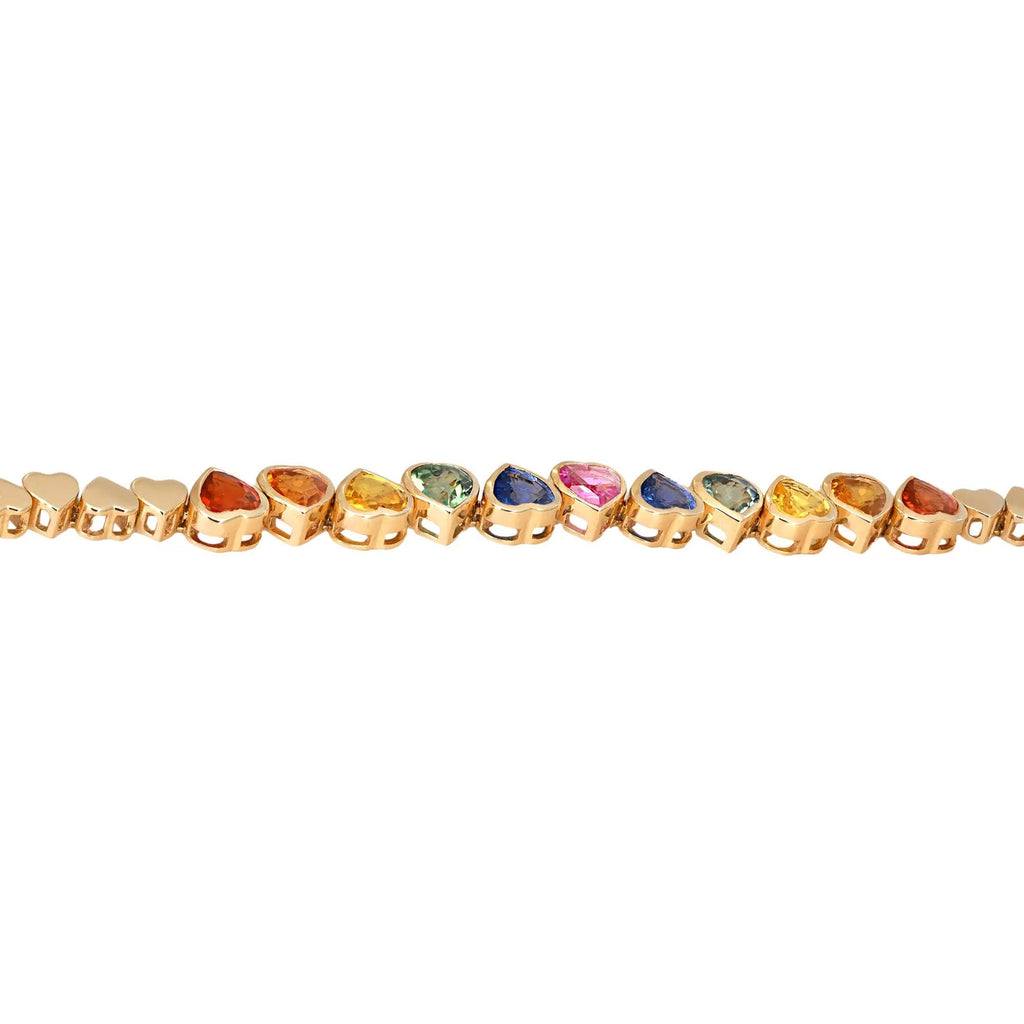 Natural Sapphire Rainbow Heart Shape Tennis Bracelet 14K Yellow Gold 3.50Cttw