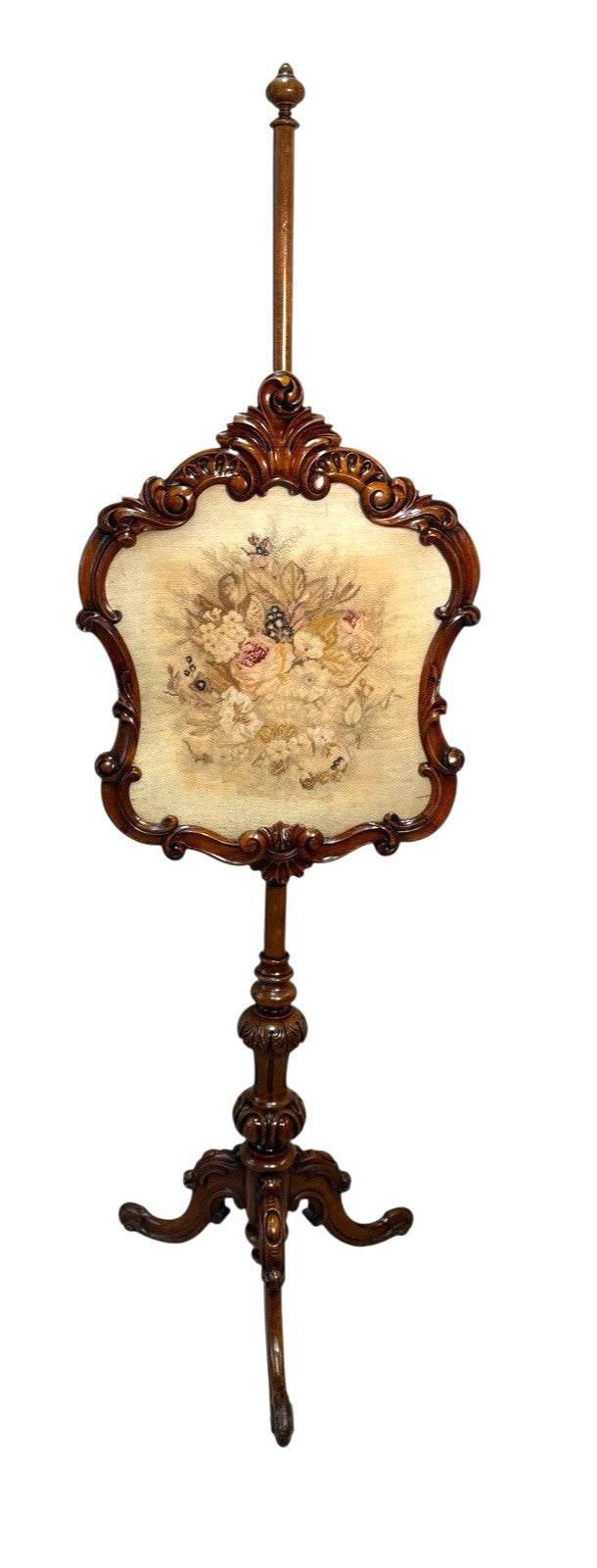 Antique Victorian Rosewood Pole Screen 65" Tall Carved Tripod Base Needlepoint