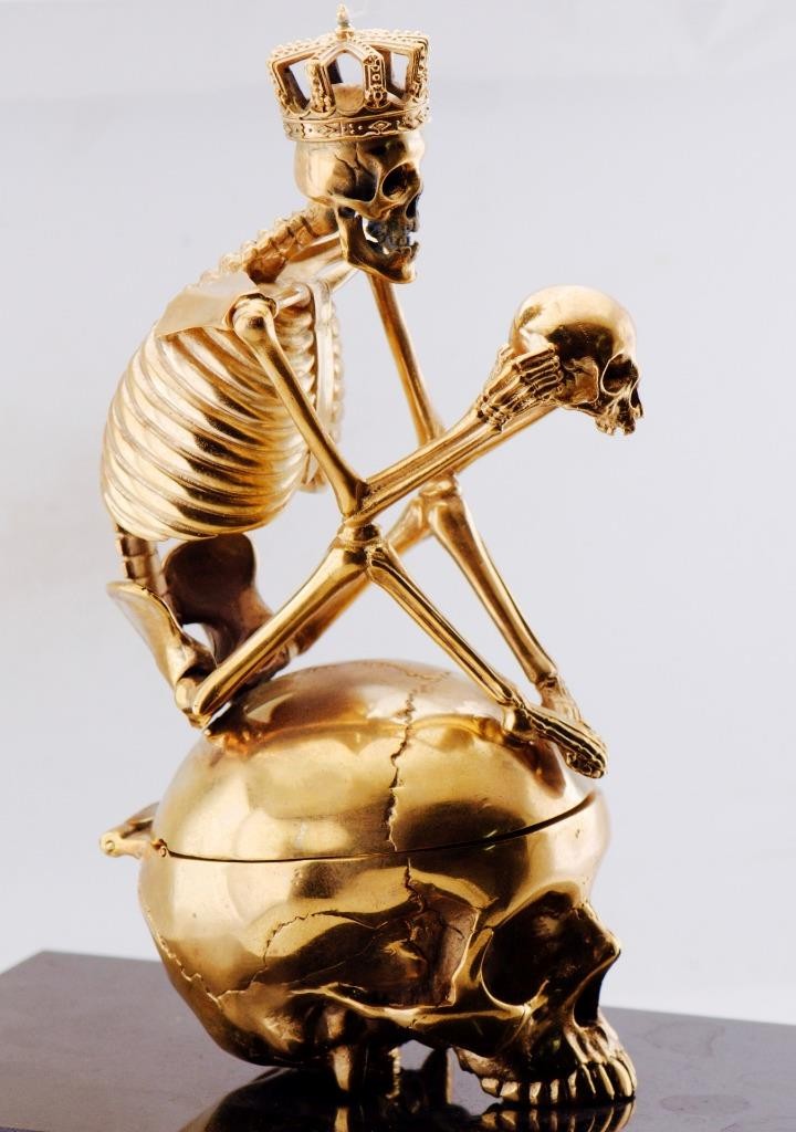 RARE Museum Quality Memento Mori Ormolu Gilt Bronze Skull Skeleton Desk Clock