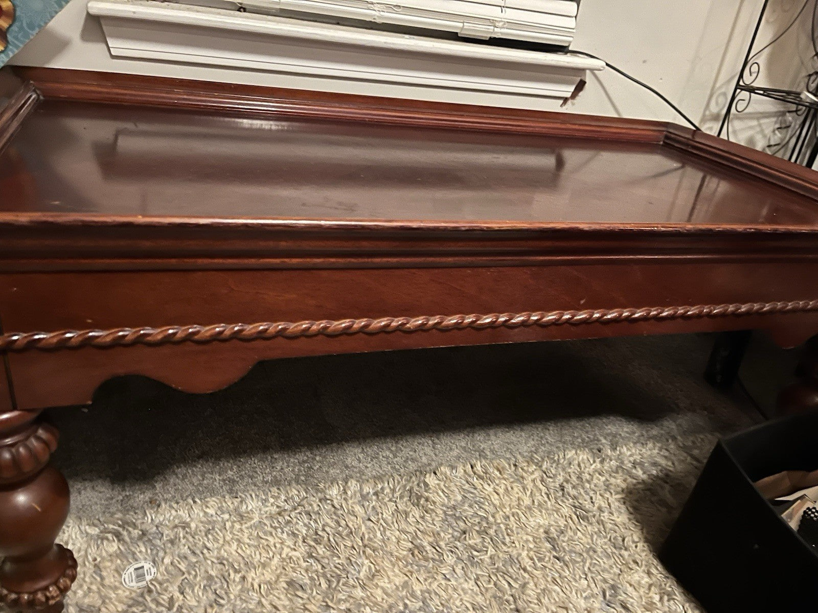 Antique Wooden Coffee Table with Carved Details and Ornate Legs