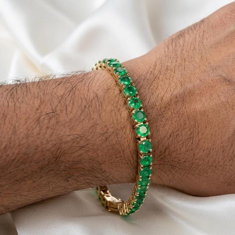 14k Yellow Gold Natural Green Emerald Tennis Bracelet For Gift Girlfriend Gift