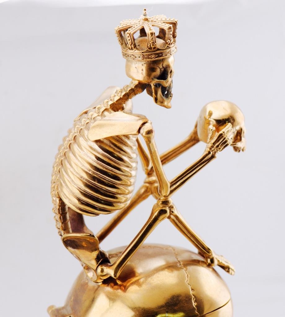 RARE Museum Quality Memento Mori Ormolu Gilt Bronze Skull Skeleton Desk Clock