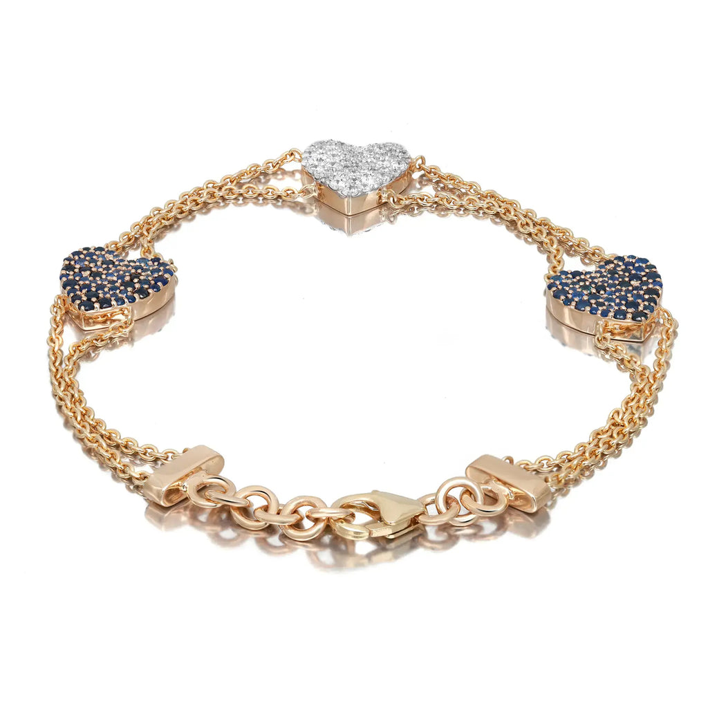 Blue Sapphire 0.94Ct & Diamond 0.42Ct Three Heart Chain Bracelet 14K Yellow Gold
