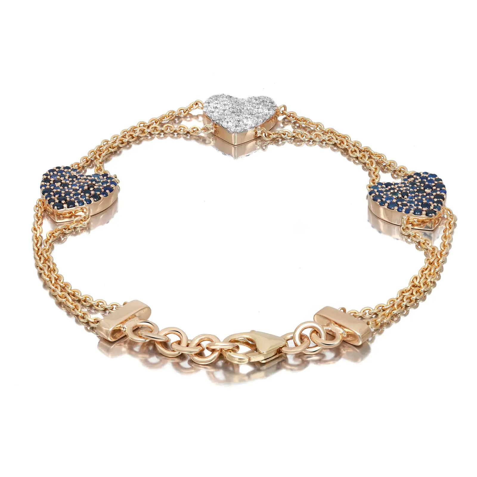 Blue Sapphire 0.94Ct & Diamond 0.42Ct Three Heart Chain Bracelet 14K Yellow Gold
