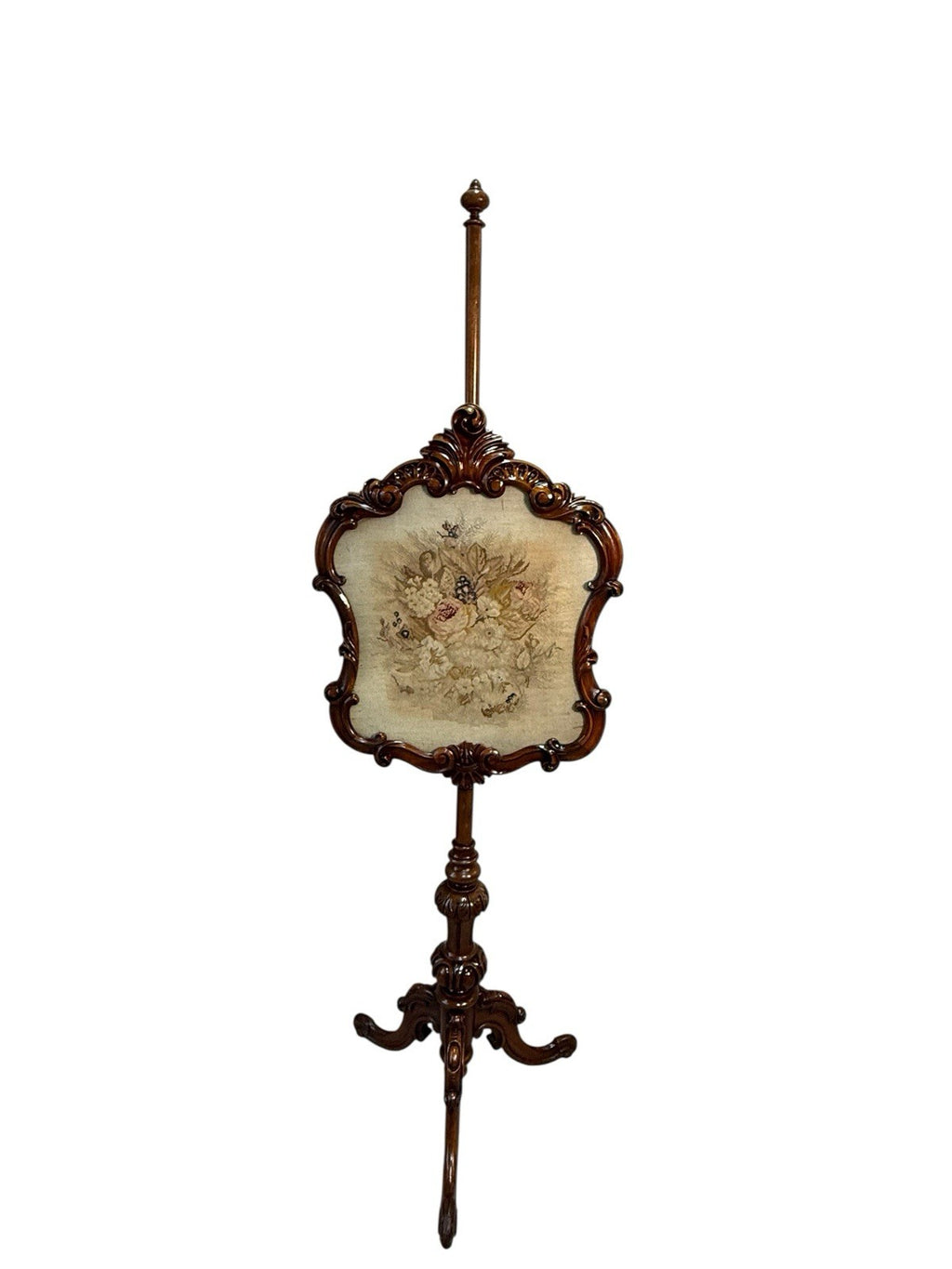 Antique Victorian Rosewood Pole Screen 65" Tall Carved Tripod Base Needlepoint