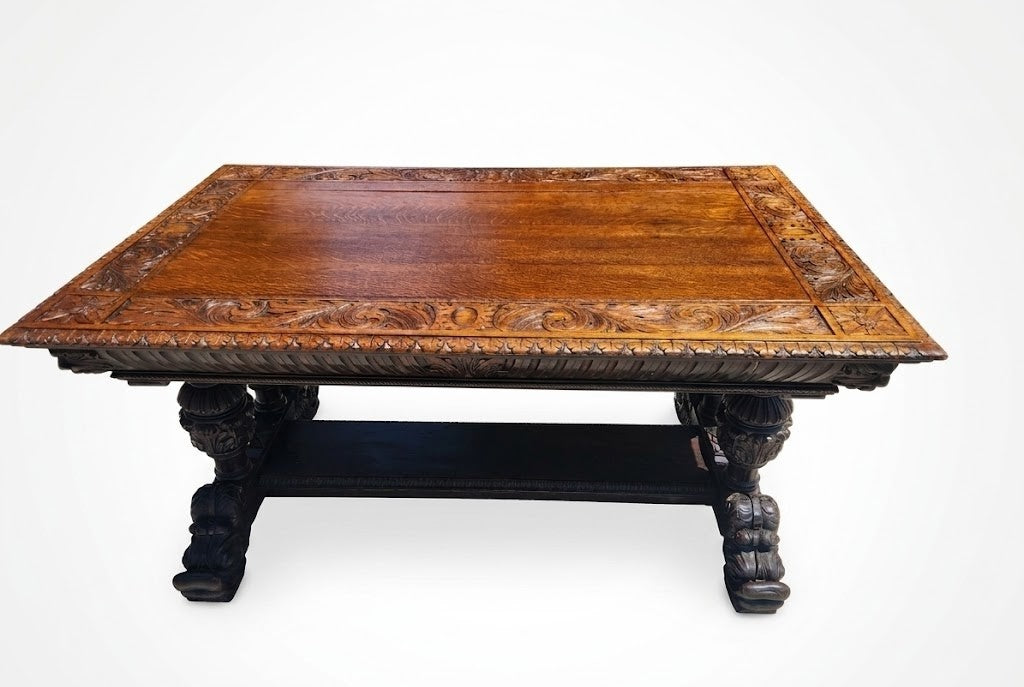 Antique George C Flint Co Library Table Renaissance Revival Carved Oak Man Heads