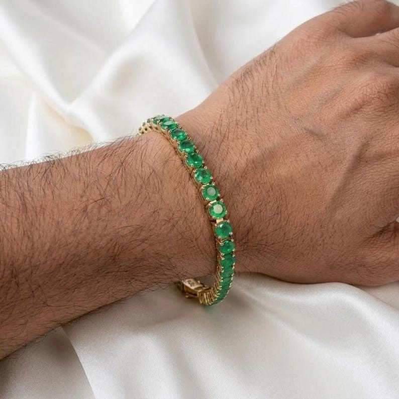14k Yellow Gold Natural Green Emerald Tennis Bracelet For Gift Girlfriend Gift