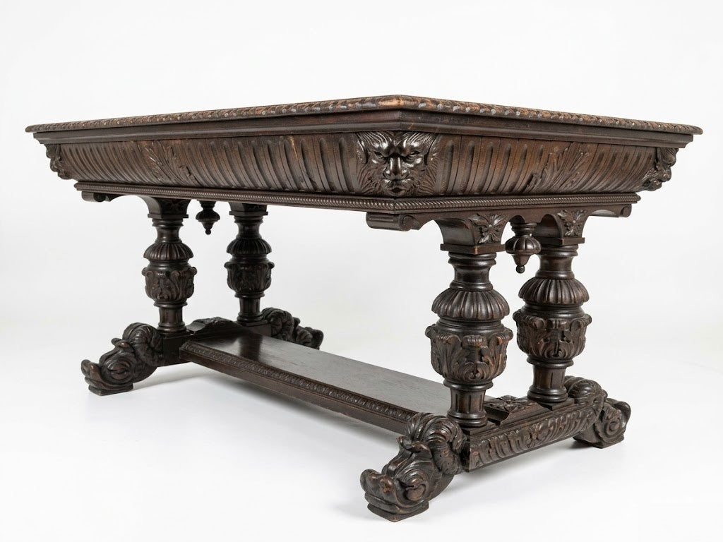 Antique George C Flint Co Library Table Renaissance Revival Carved Oak Man Heads