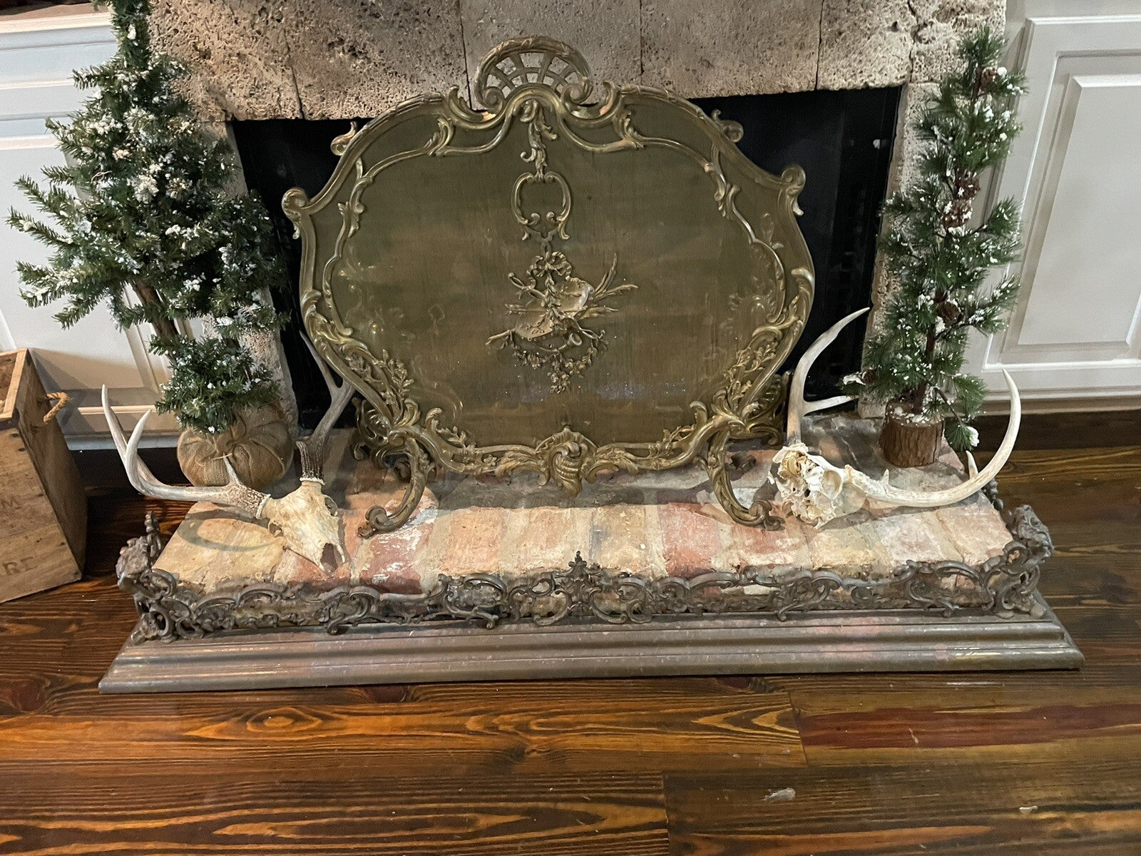 Antique French Baroque Rococo Fireplace Hearthware Screen & Fender 3-PC