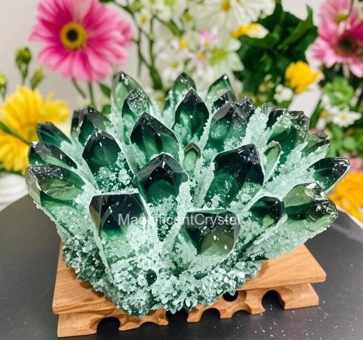 3PCS Blue Green Phantom Amethyst Crystal Cluster Natural Quartz Deco