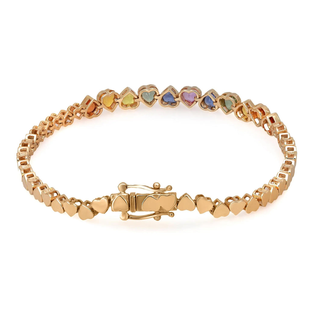 Natural Sapphire Rainbow Heart Shape Tennis Bracelet 14K Yellow Gold 3.50Cttw