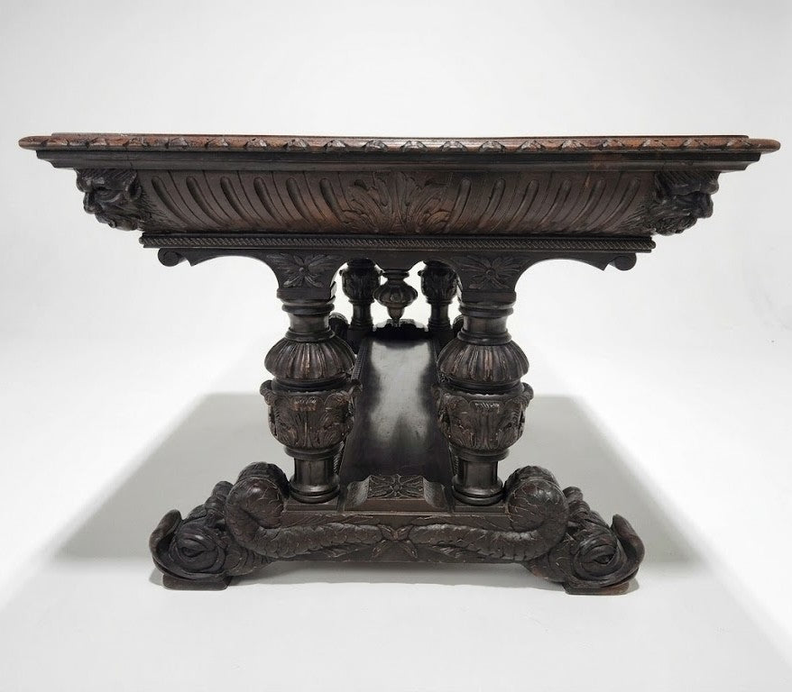 Antique George C Flint Co Library Table Renaissance Revival Carved Oak Man Heads