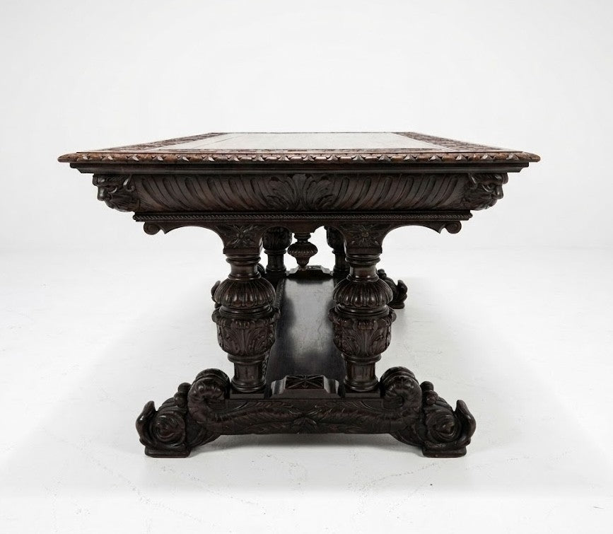 Antique George C Flint Co Library Table Renaissance Revival Carved Oak Man Heads
