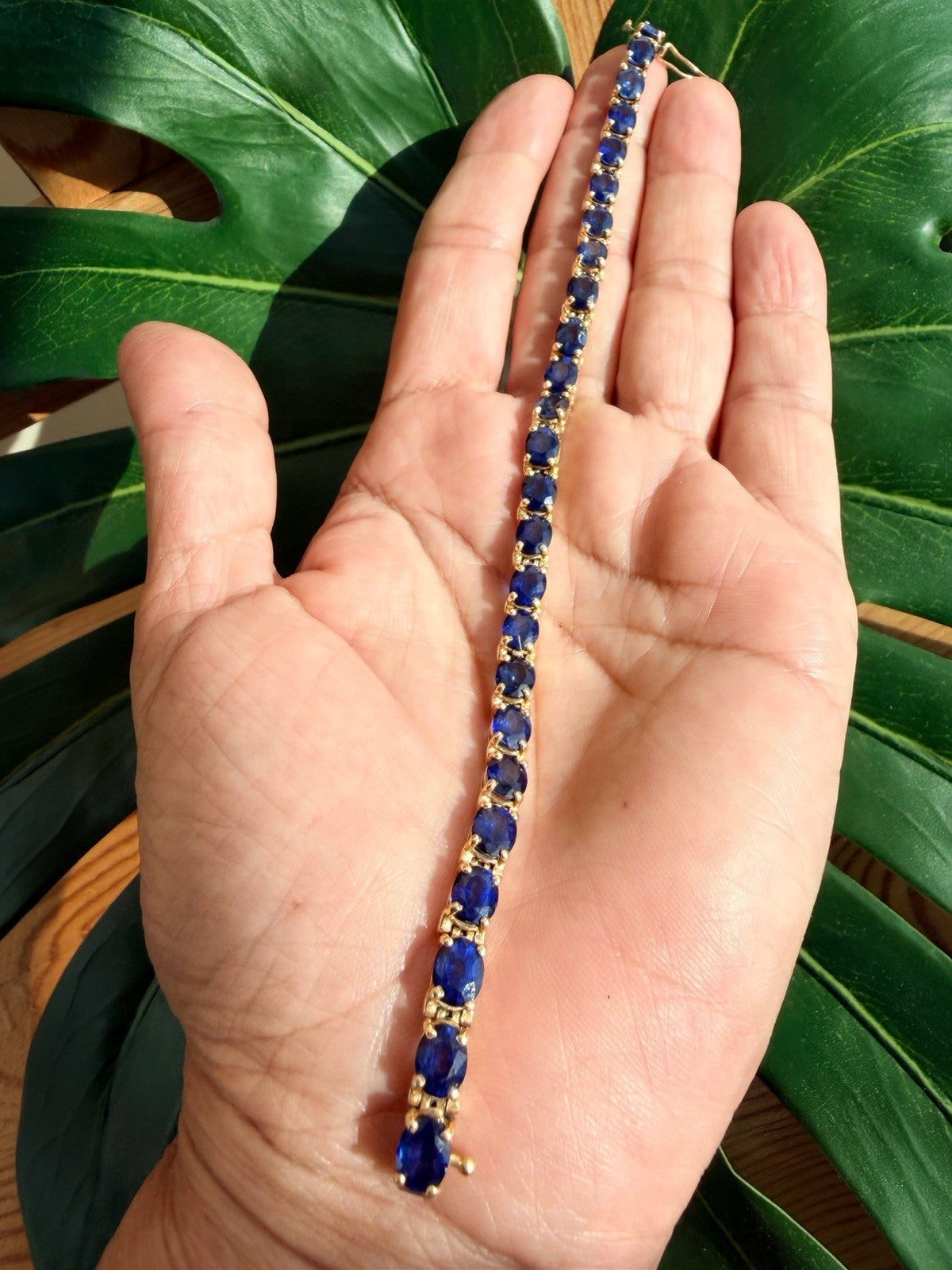 21.25ct Natural Blue Sapphire Tennis Bracelet 14K Yel Gold 25 Oval Stones 7.25”