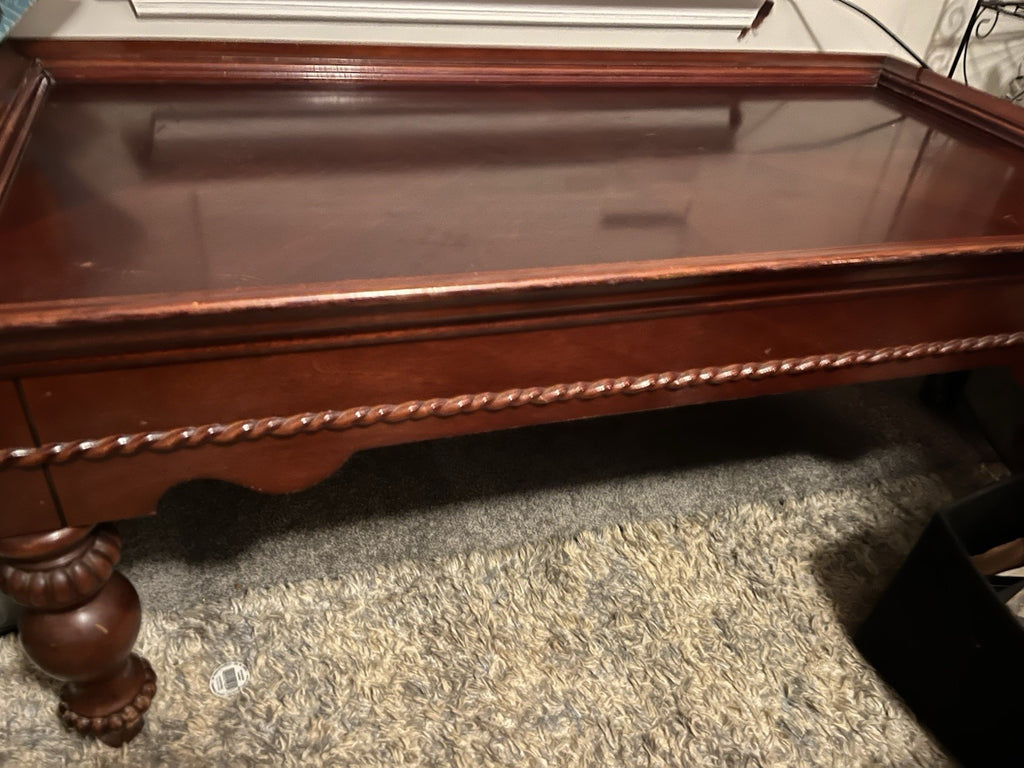 Antique Wooden Coffee Table with Carved Details and Ornate Legs