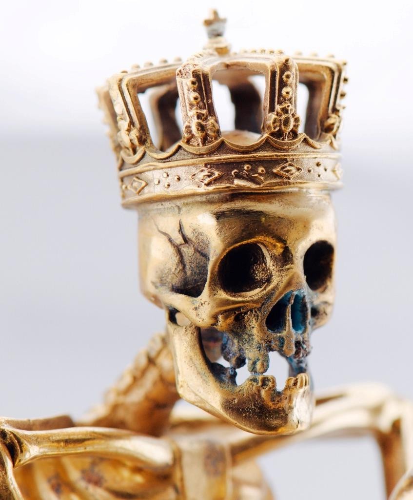 RARE Museum Quality Memento Mori Ormolu Gilt Bronze Skull Skeleton Desk Clock
