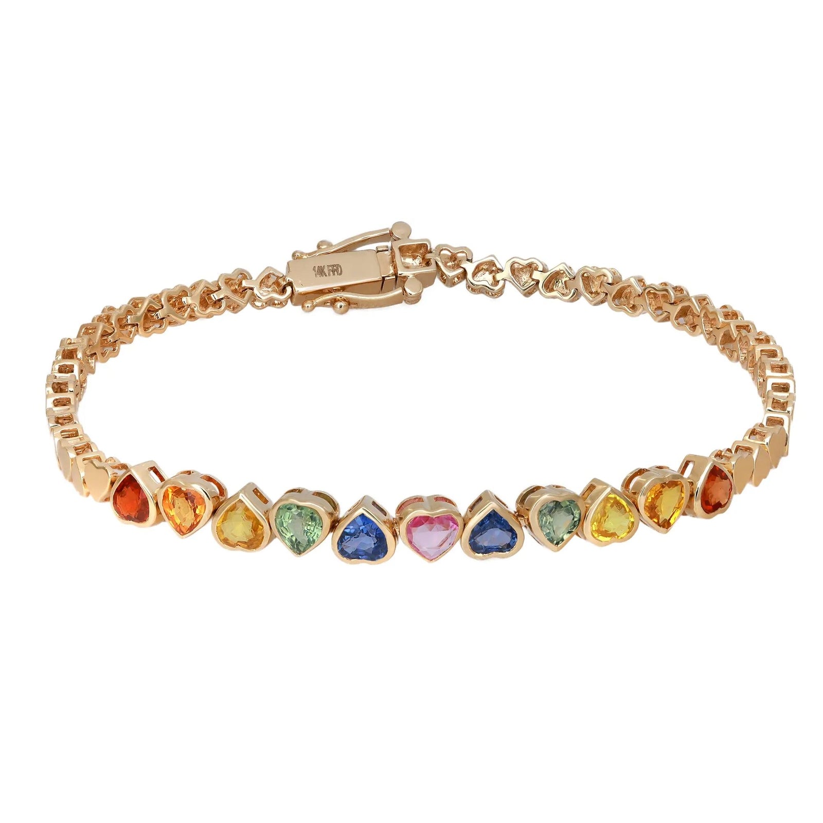 Natural Sapphire Rainbow Heart Shape Tennis Bracelet 14K Yellow Gold 3.50Cttw