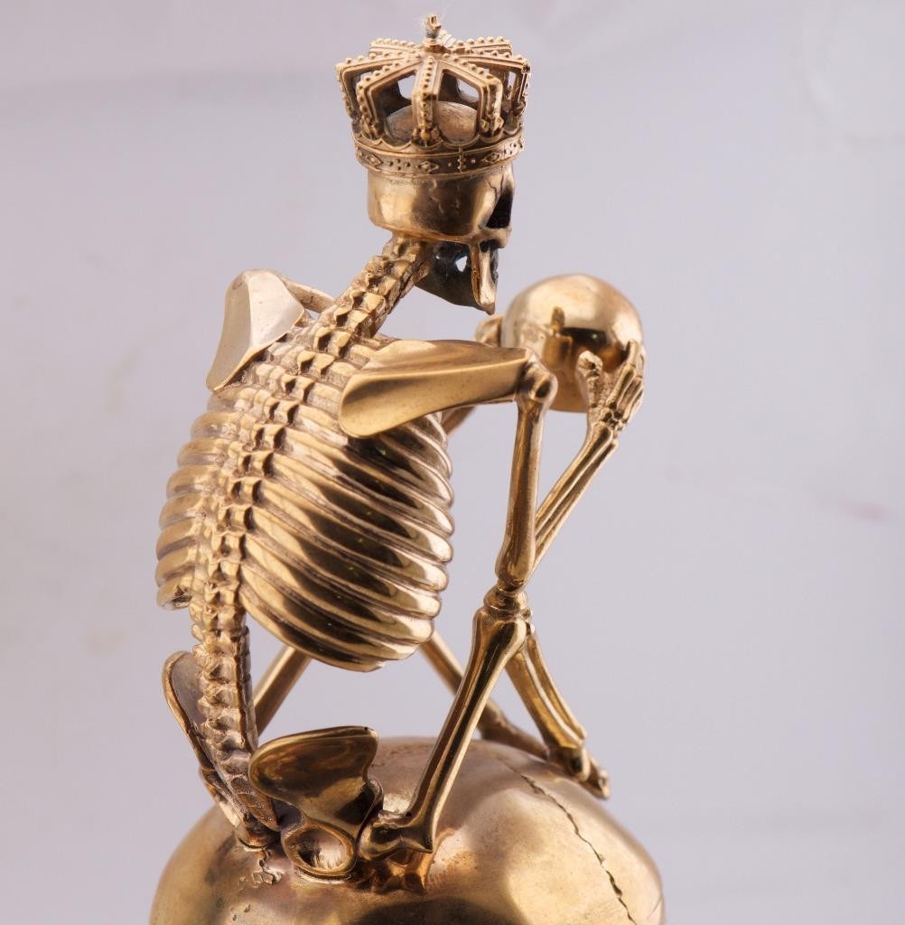 RARE Museum Quality Memento Mori Ormolu Gilt Bronze Skull Skeleton Desk Clock