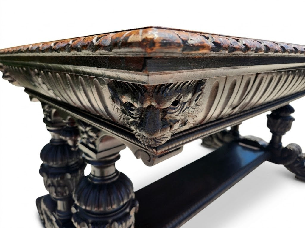 Antique George C Flint Co Library Table Renaissance Revival Carved Oak Man Heads
