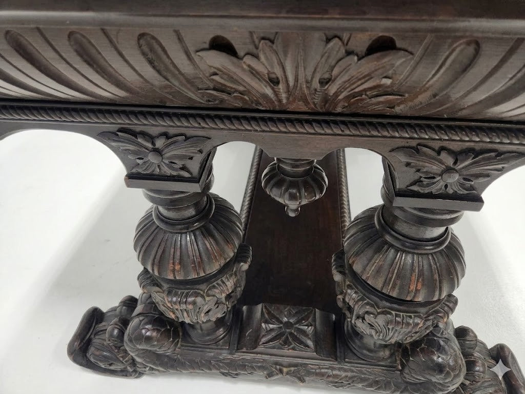 Antique George C Flint Co Library Table Renaissance Revival Carved Oak Man Heads