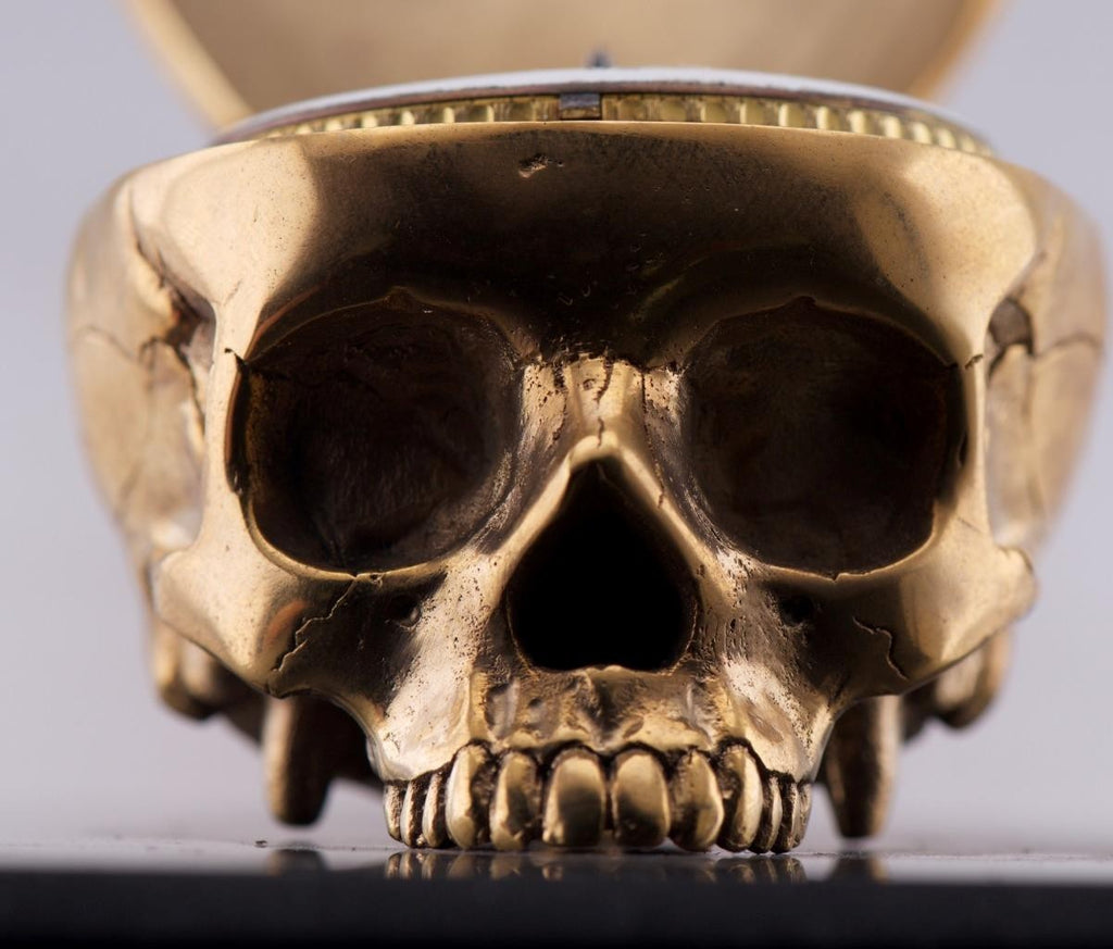 RARE Museum Quality Memento Mori Ormolu Gilt Bronze Skull Skeleton Desk Clock