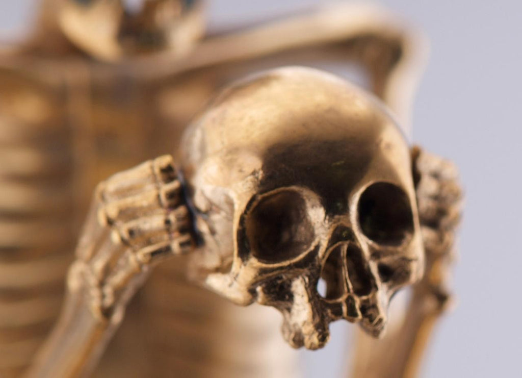 RARE Museum Quality Memento Mori Ormolu Gilt Bronze Skull Skeleton Desk Clock