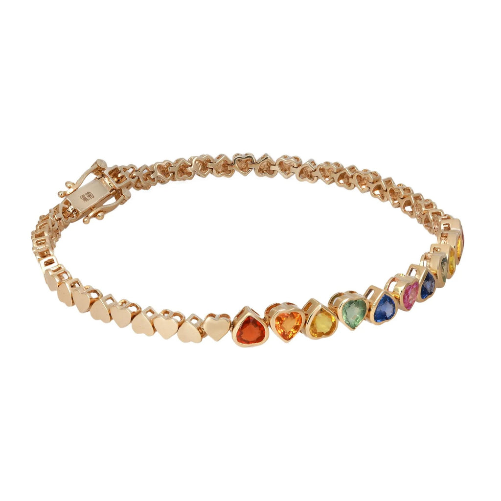 Natural Sapphire Rainbow Heart Shape Tennis Bracelet 14K Yellow Gold 3.50Cttw