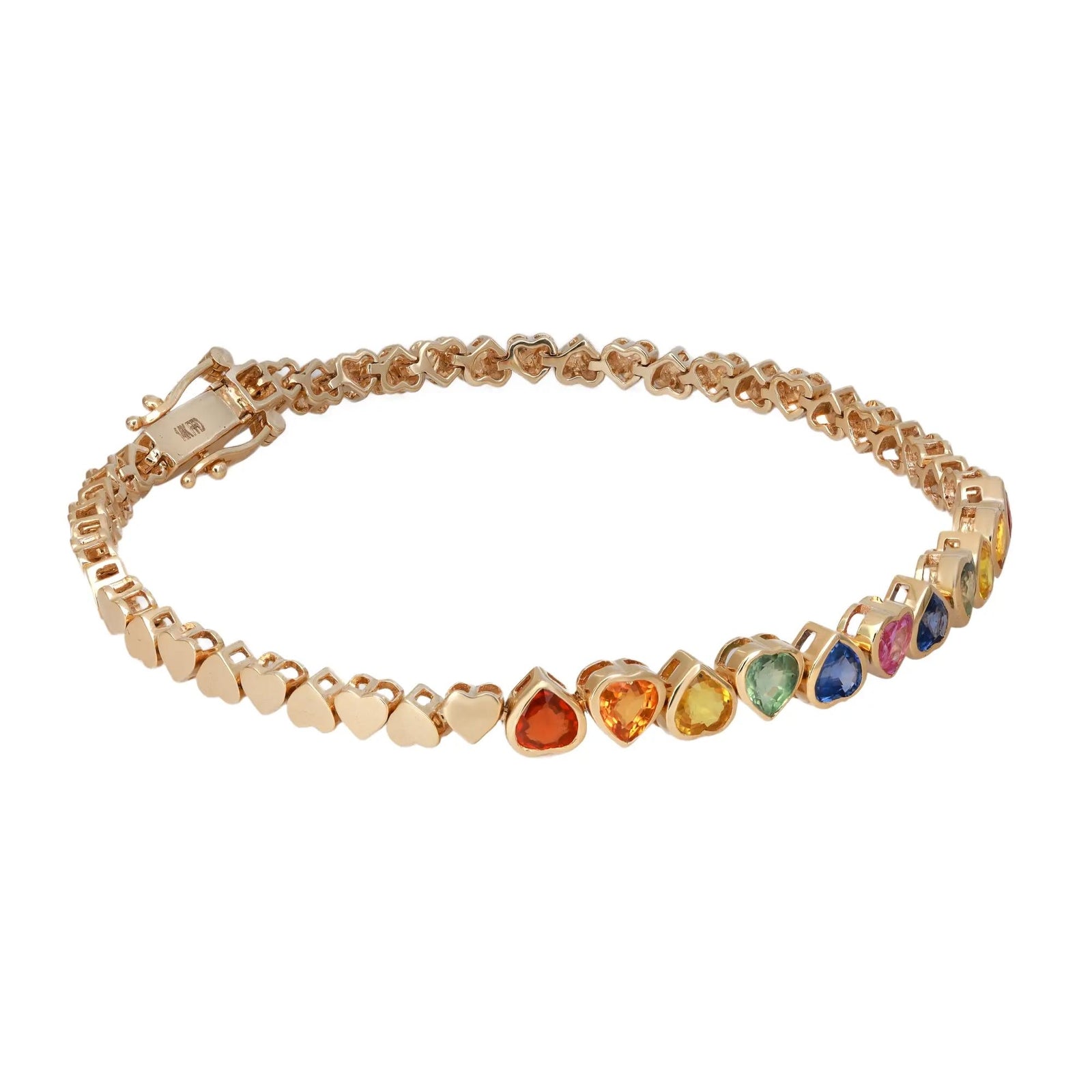 Natural Sapphire Rainbow Heart Shape Tennis Bracelet 14K Yellow Gold 3.50Cttw