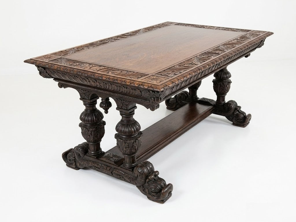 Antique George C Flint Co Library Table Renaissance Revival Carved Oak Man Heads