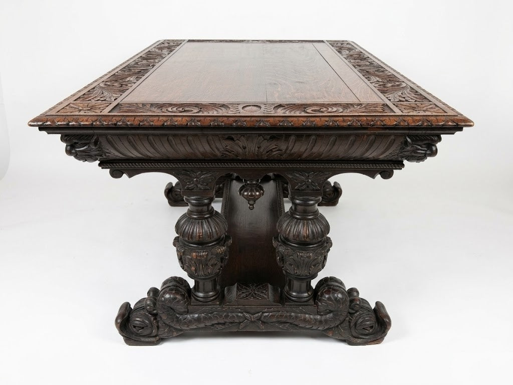 Antique George C Flint Co Library Table Renaissance Revival Carved Oak Man Heads