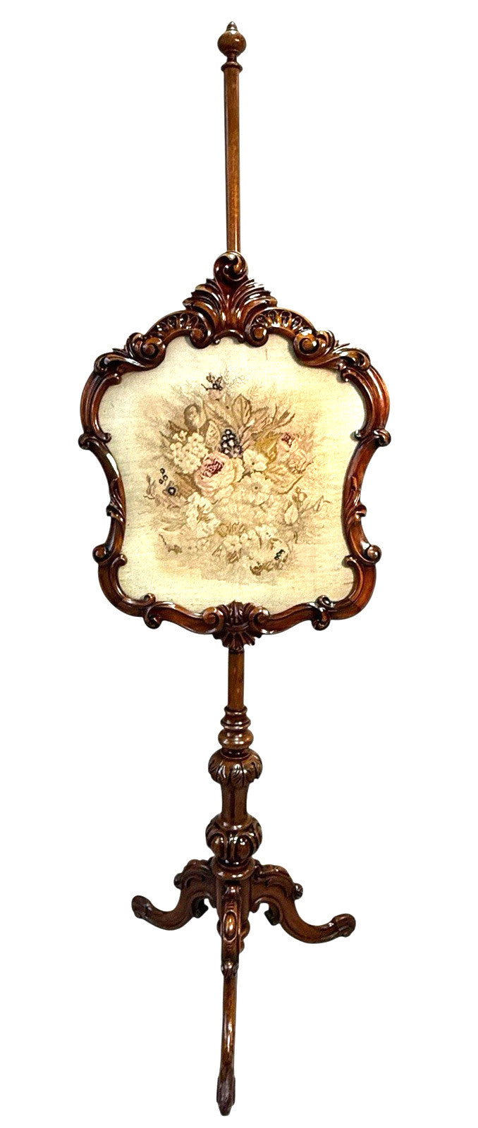 Antique Victorian Rosewood Pole Screen 65" Tall Carved Tripod Base Needlepoint