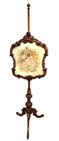Antique Victorian Rosewood Pole Screen 65" Tall Carved Tripod Base Needlepoint