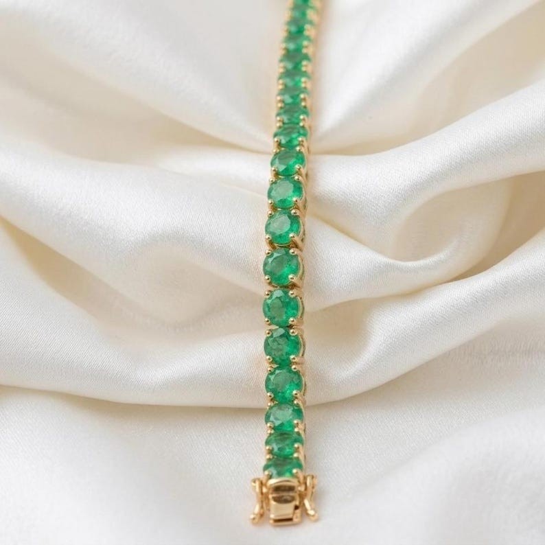 14k Yellow Gold Natural Green Emerald Tennis Bracelet For Gift Girlfriend Gift