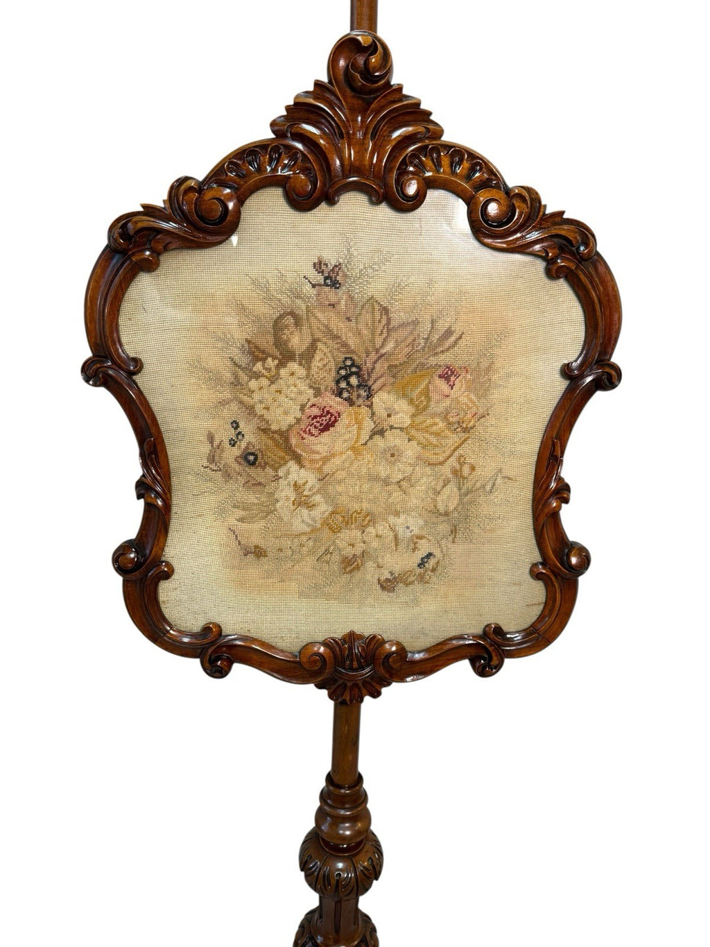 Antique Victorian Rosewood Pole Screen 65" Tall Carved Tripod Base Needlepoint