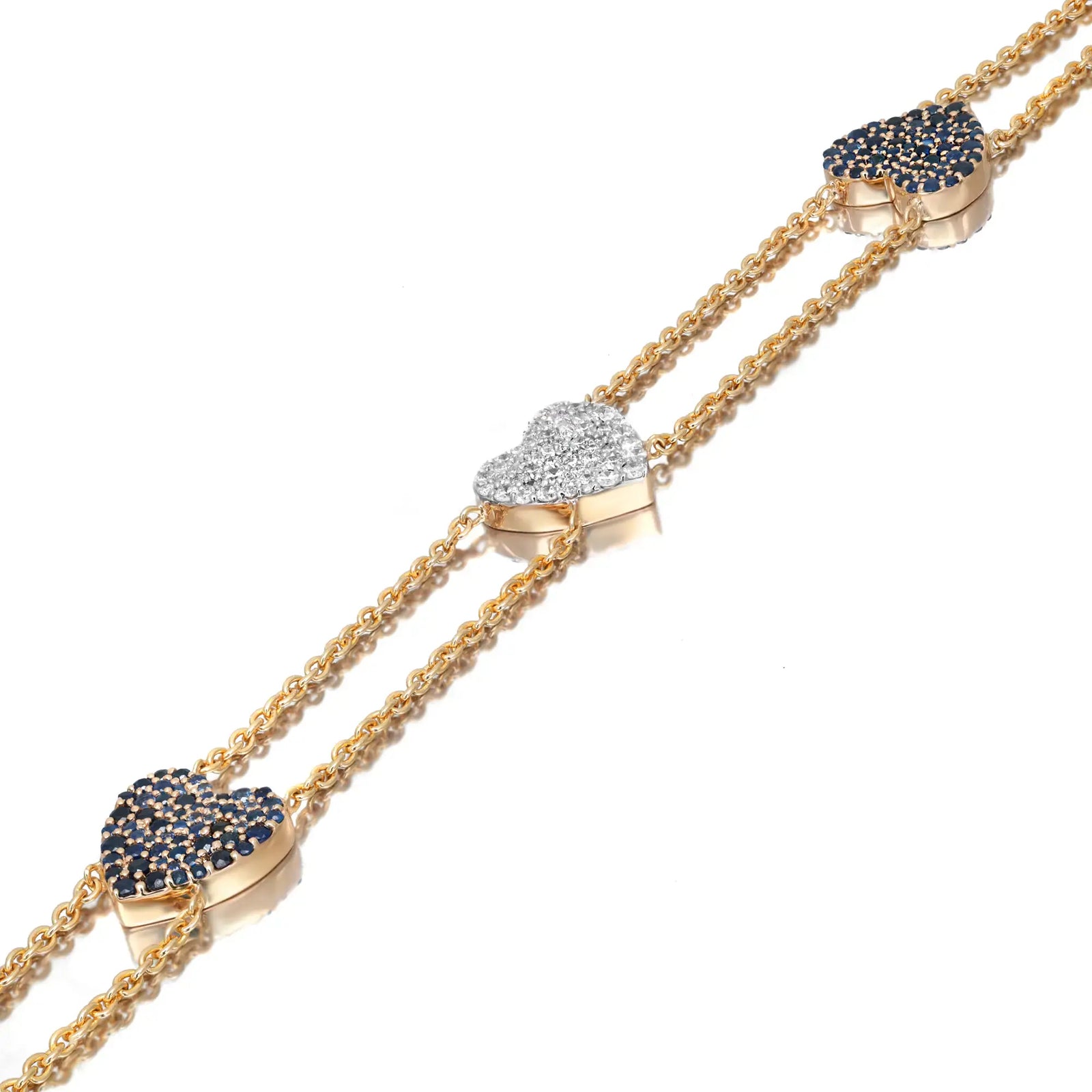 Blue Sapphire 0.94Ct & Diamond 0.42Ct Three Heart Chain Bracelet 14K Yellow Gold