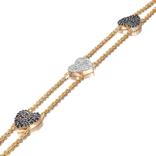 Blue Sapphire 0.94Ct & Diamond 0.42Ct Three Heart Chain Bracelet 14K Yellow Gold