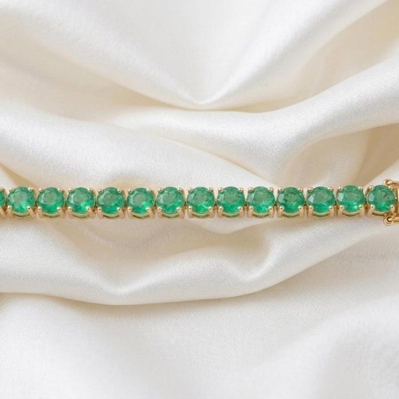 14k Yellow Gold Natural Green Emerald Tennis Bracelet For Gift Girlfriend Gift