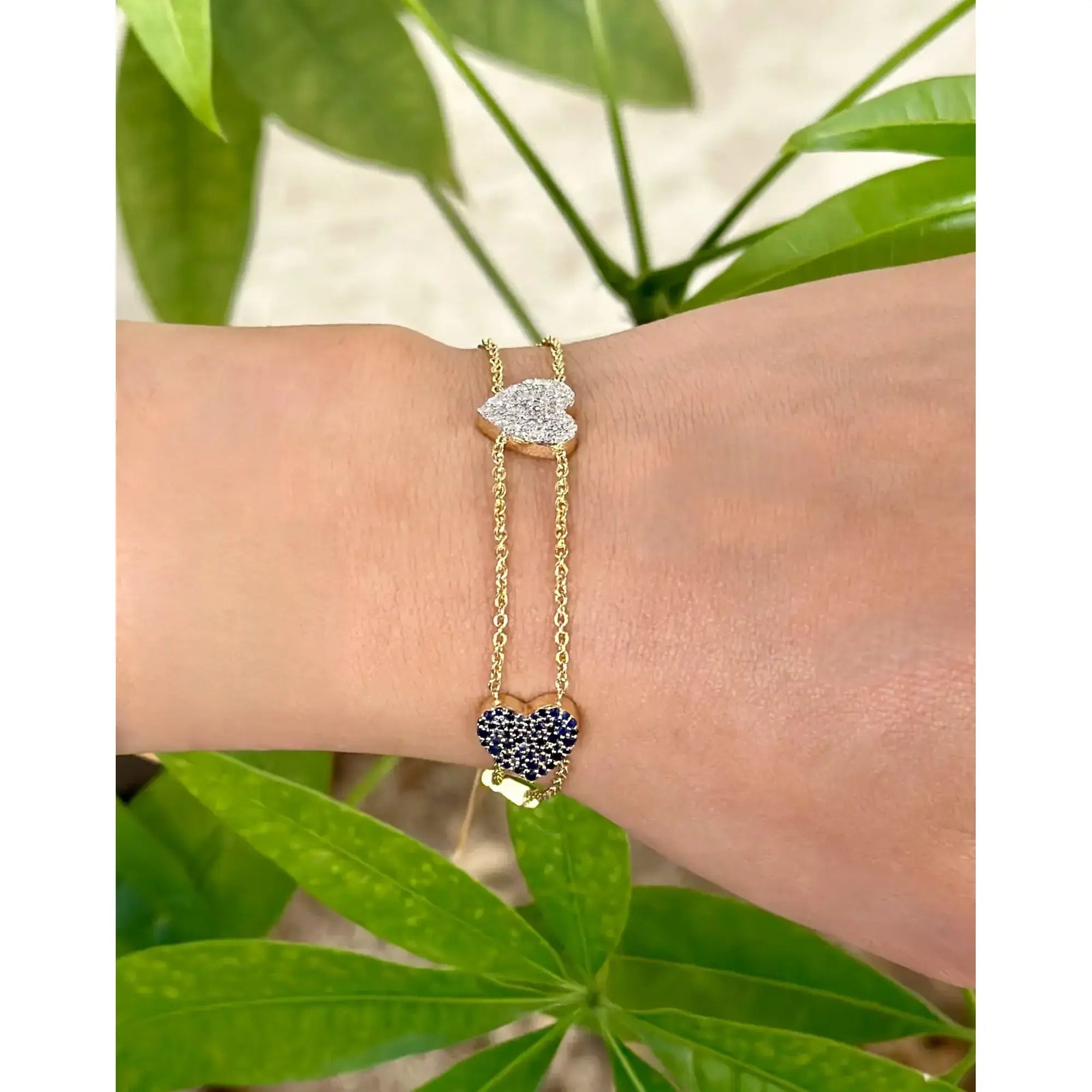 Blue Sapphire 0.94Ct & Diamond 0.42Ct Three Heart Chain Bracelet 14K Yellow Gold