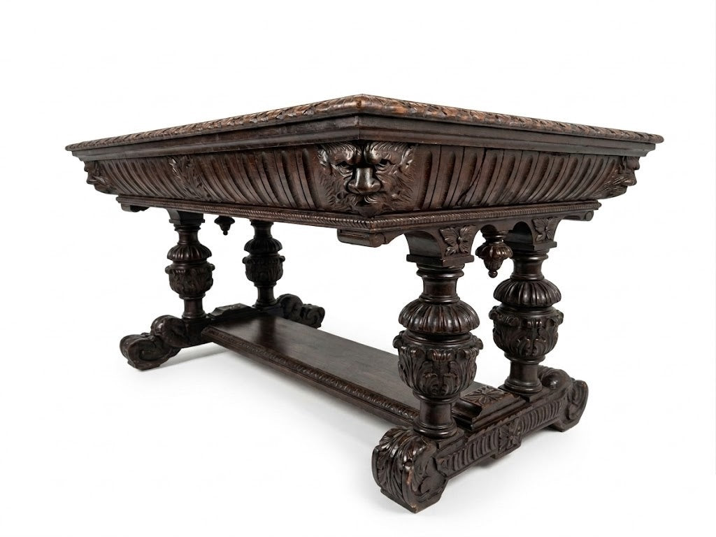 Antique George C Flint Co Library Table Renaissance Revival Carved Oak Man Heads