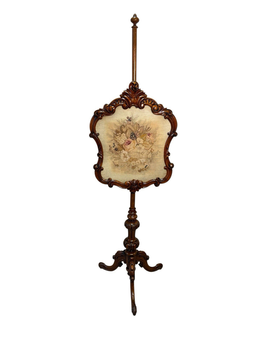 Antique Victorian Rosewood Pole Screen 65" Tall Carved Tripod Base Needlepoint