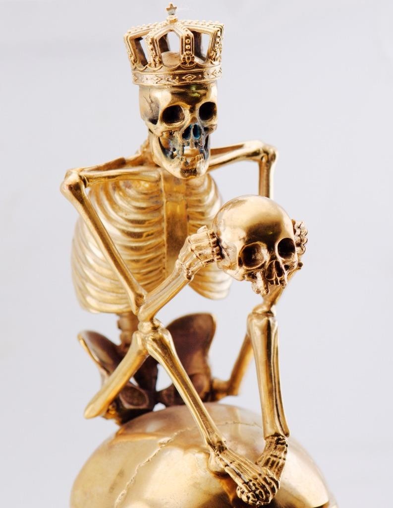 RARE Museum Quality Memento Mori Ormolu Gilt Bronze Skull Skeleton Desk Clock