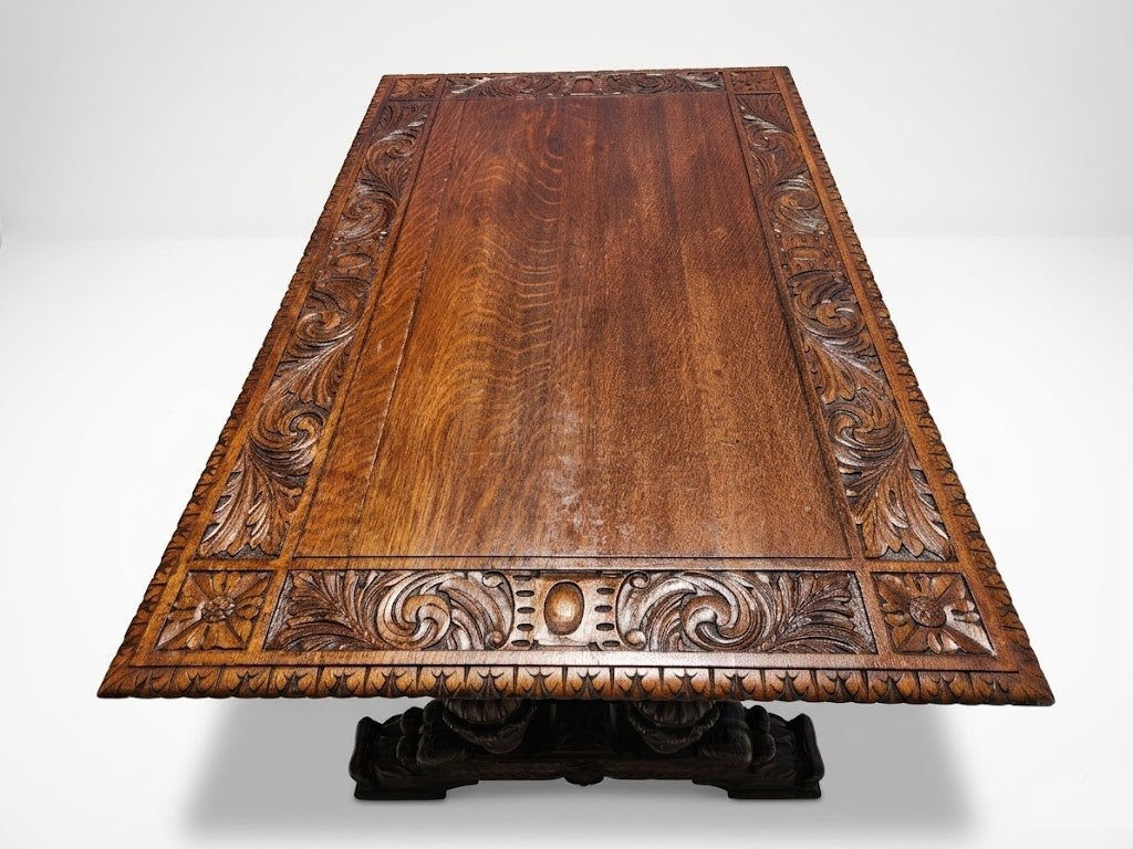 Antique George C Flint Co Library Table Renaissance Revival Carved Oak Man Heads