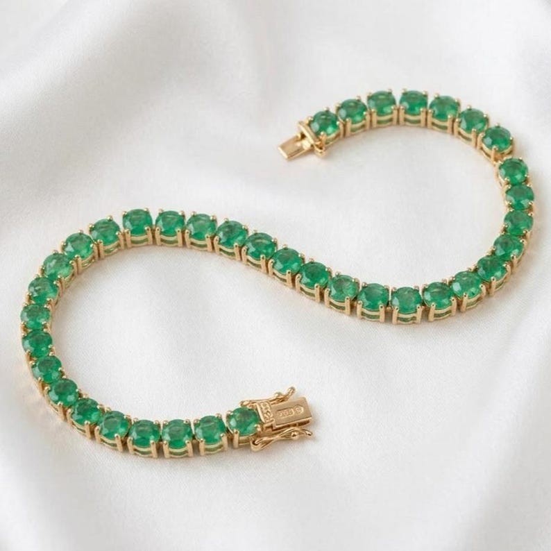 14k Yellow Gold Natural Green Emerald Tennis Bracelet For Gift Girlfriend Gift